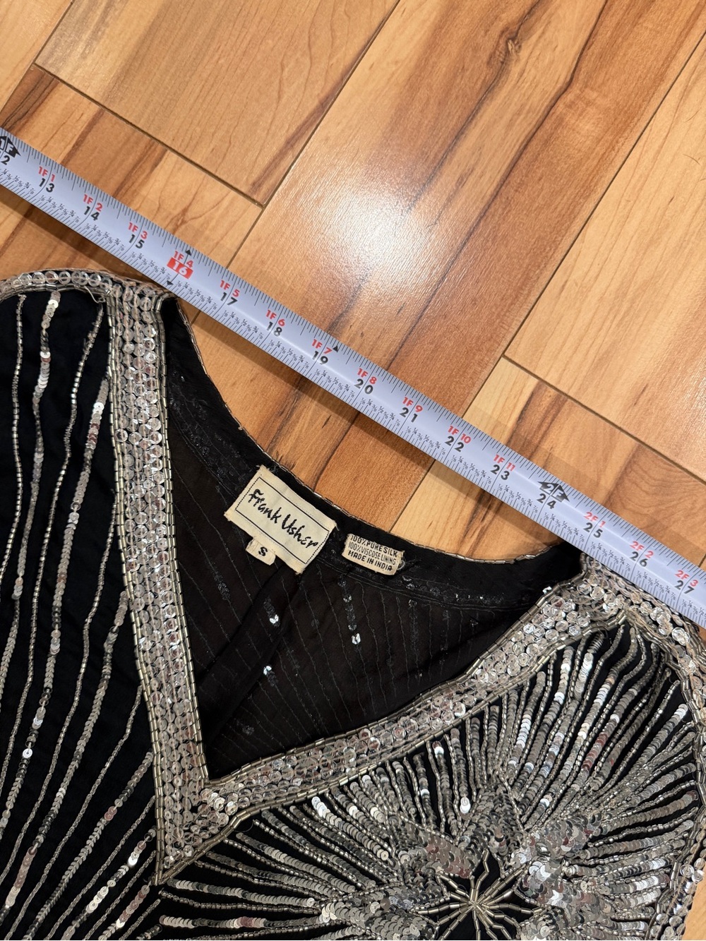 Frank Usher Art Deco Sequin Beaded Top Silver Sequin & Beads 100% Black Silk S - Picture 12 of 15